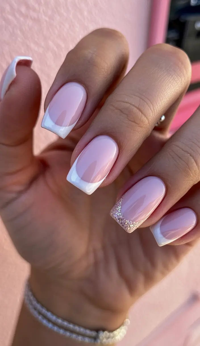 trending spring wedding nails 2026 Classic Pink Square French with Glitter Accent