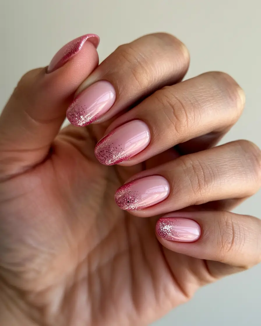 trending spring wedding nails 2026 Soft Pink Ombre with Rose Gold Glitter Tips