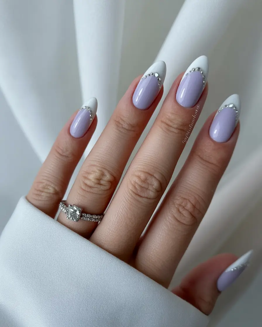 trending spring wedding nails 2026 Lavender and White Almond with Crystal Details