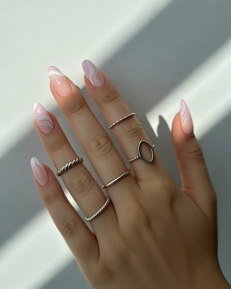 trending spring wedding nails 2026 Soft Pink Marble Almond for a Modern Romantic