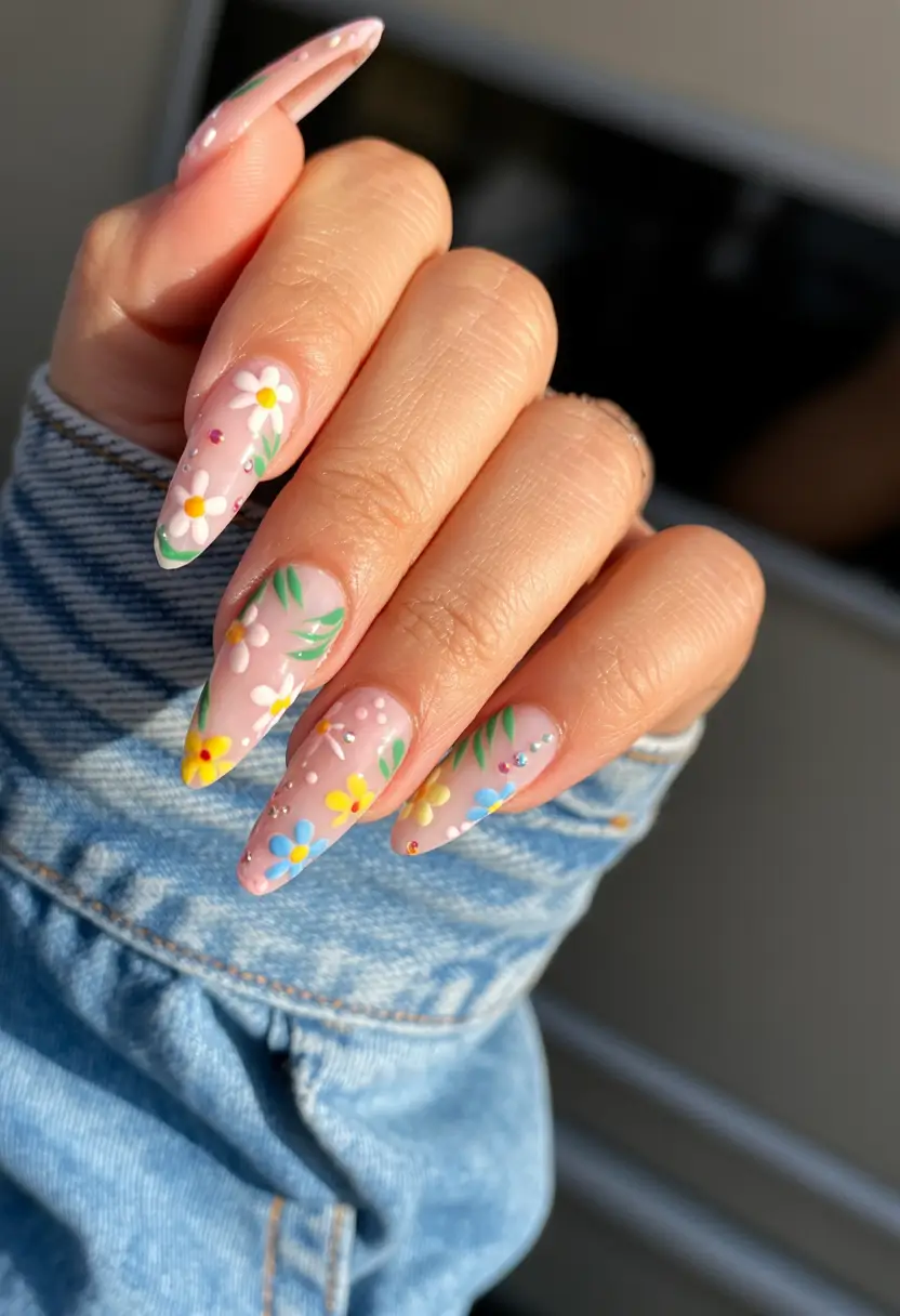 trending spring wedding nails 2026 Delicate Spring Floral Almond with Pastel Details