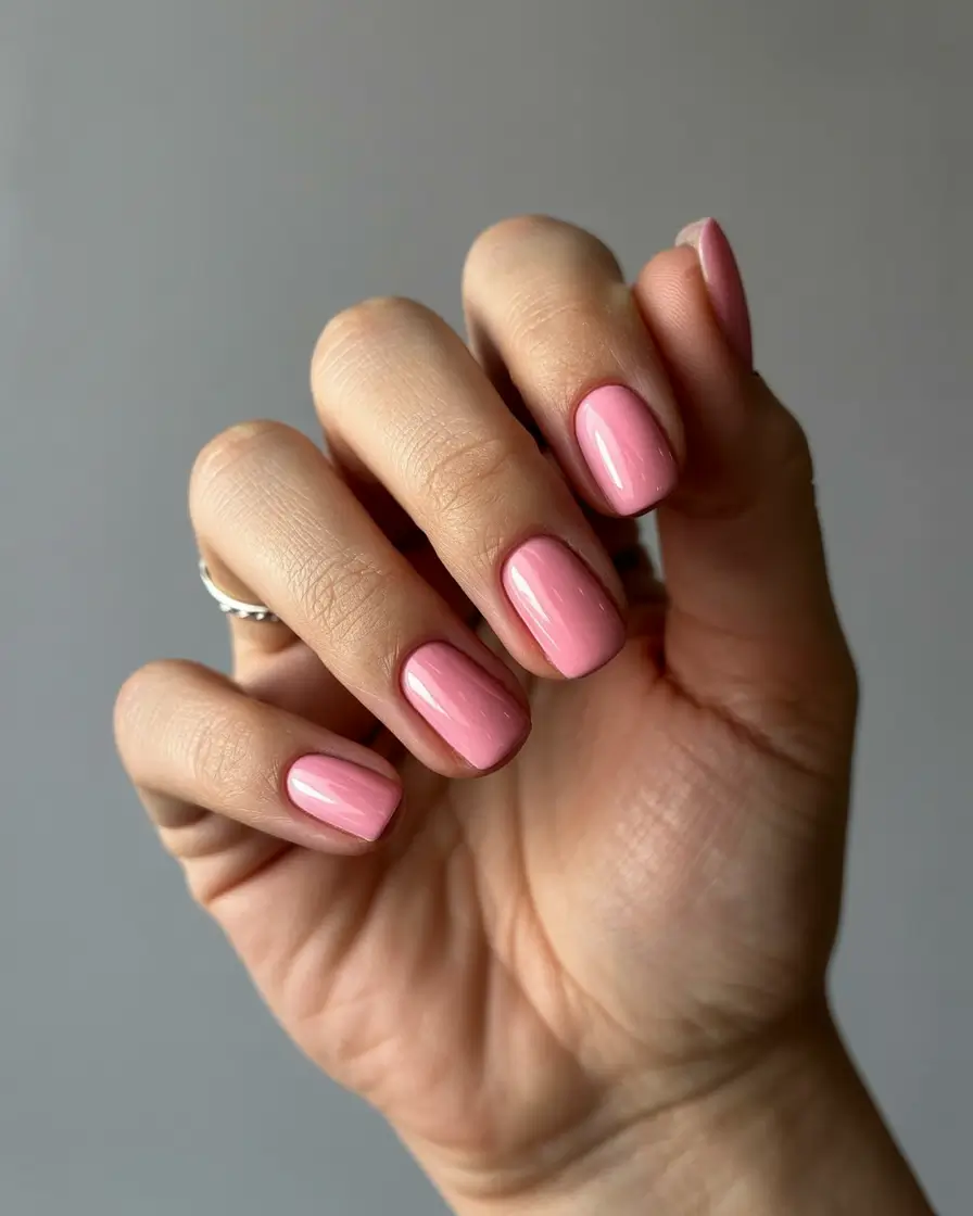 trending spring wedding nails 2026 Glossy Soft Pink Short for the Minimal Bride