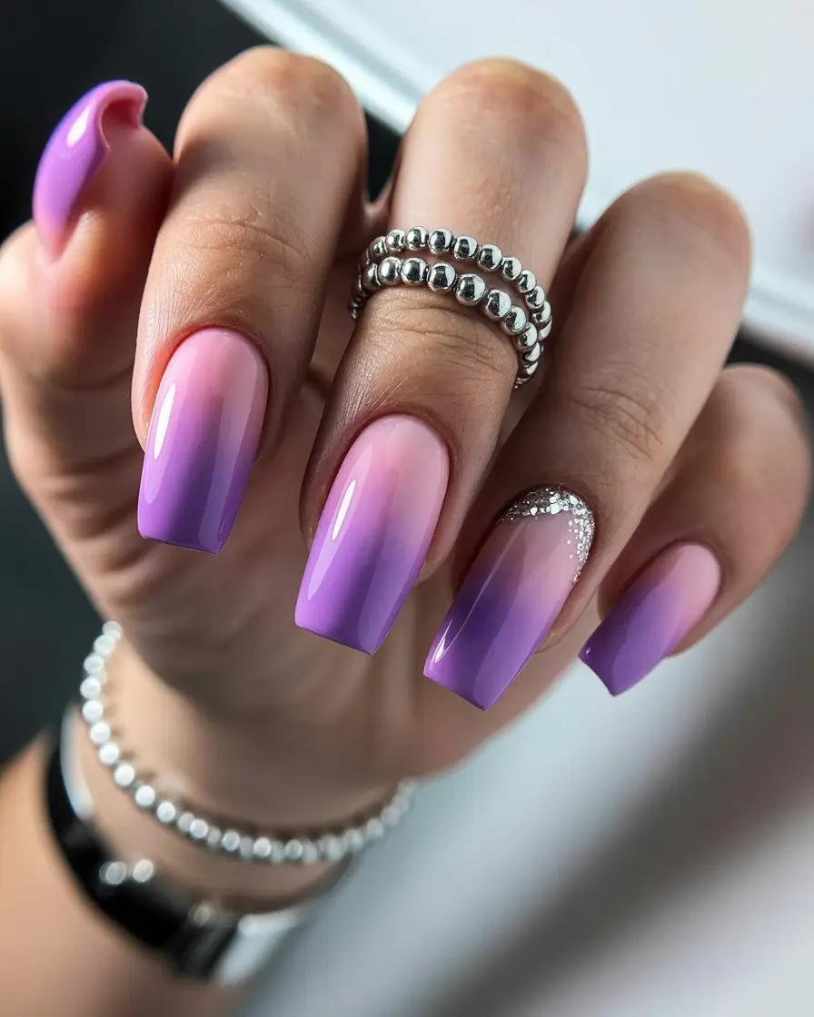 trending spring wedding nails 2026 Lavender Ombre Square with Subtle Sparkle