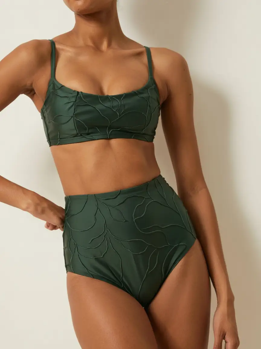 two piece swimsuit ideas summer 2026 resort wear Deep forest green bikini with subtle textured pattern