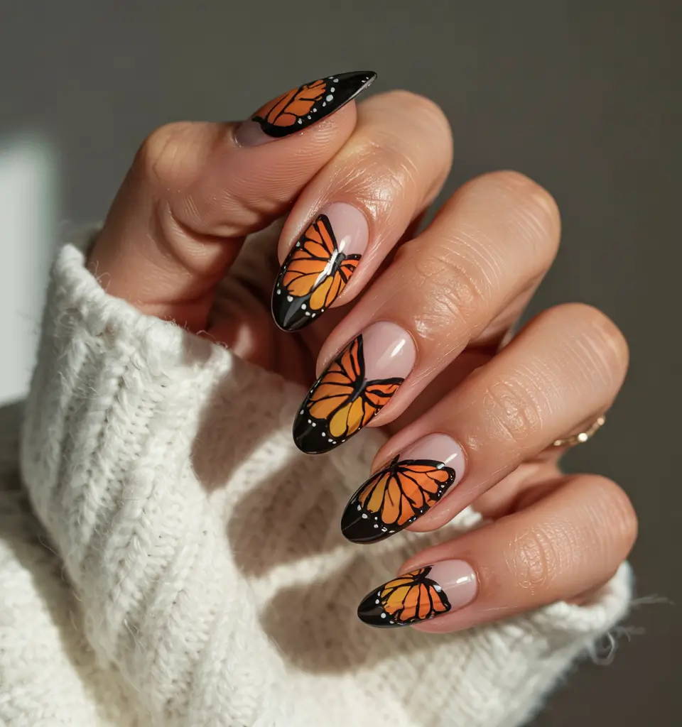 vibrant spring orange nails 2026 Butterfly Glow Almond in Black and Orange