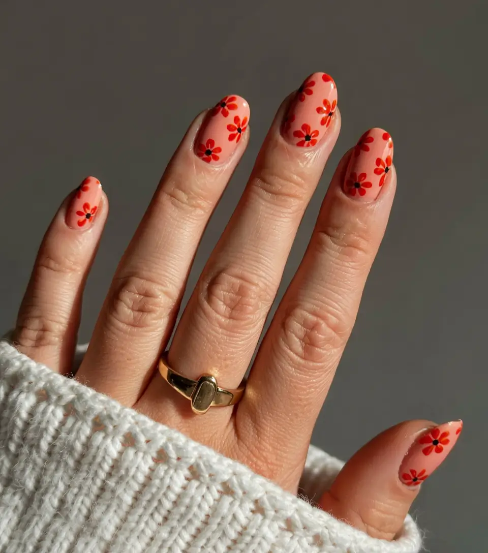 vibrant spring orange nails 2026 Soft Peach Base with Retro Orange Florals
