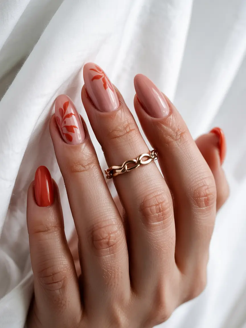 vibrant spring orange nails 2026 Soft Nude Almond with Delicate Orange Leaf Art