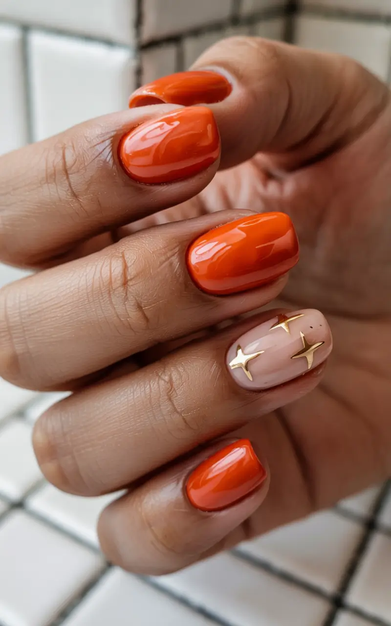 vibrant spring orange nails 2026 Glossy Tangerine with Gold Star Accent