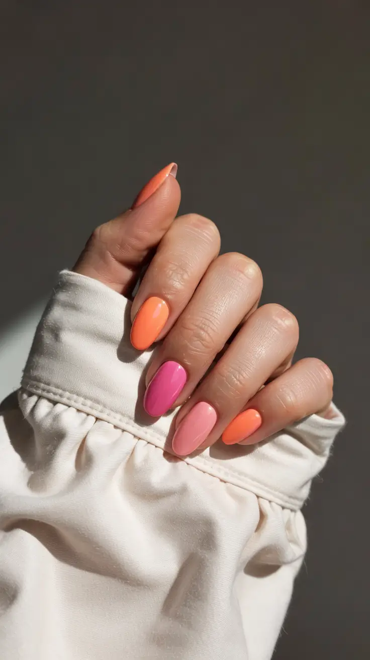 vibrant spring orange nails 2026 Pink and Orange Color Block Almond