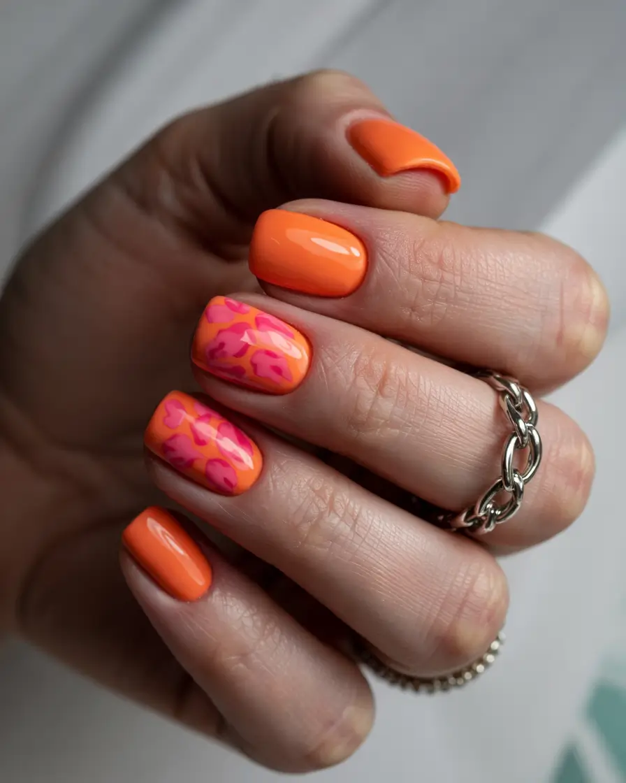 vibrant spring orange nails 2026 Orange and Pink Abstract Leopard Accent