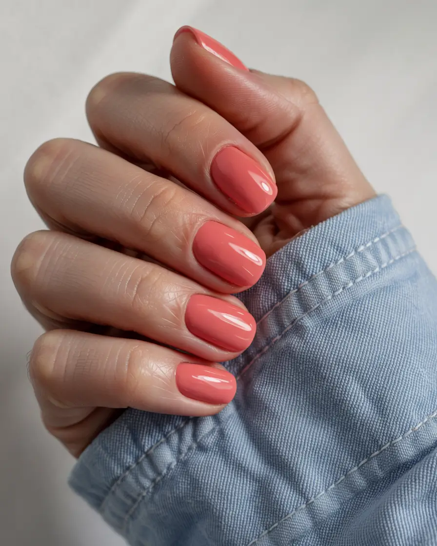 vibrant spring orange nails 2026 Coral Gloss Short and Timeless