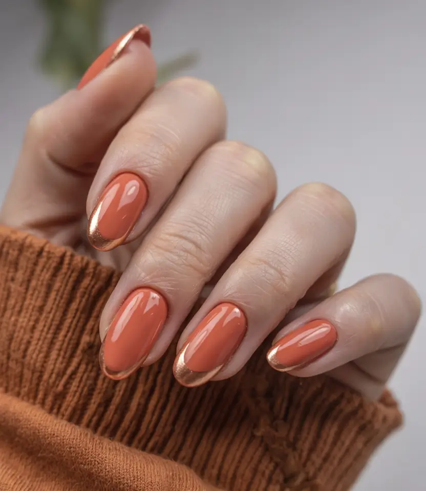 vibrant spring orange nails 2026 Burnt Citrus Gloss with Metallic Edge