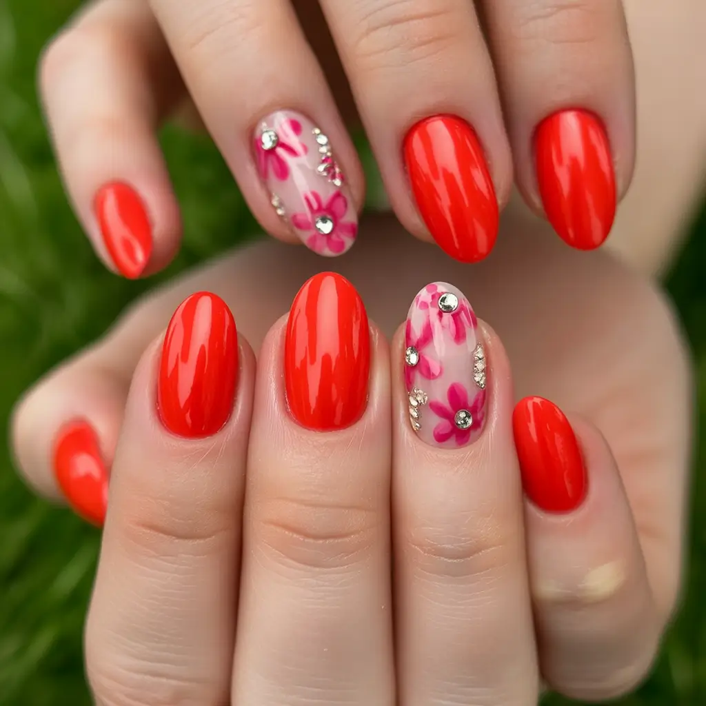 vibrant spring orange nails 2026 Vibrant Orange Red with Pink Floral Rhinestone Accent