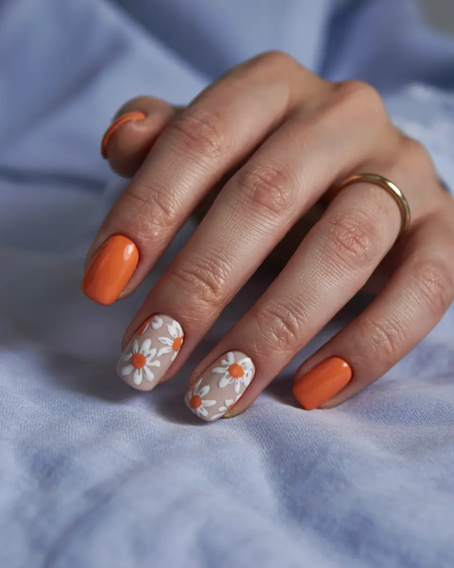 vibrant spring orange nails 2026 Short Orange with Retro Daisy Accent