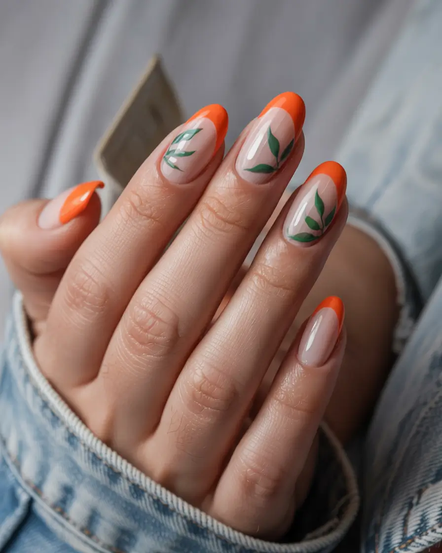 vibrant spring orange nails 2026 Almond Orange French with Green Leaf Art