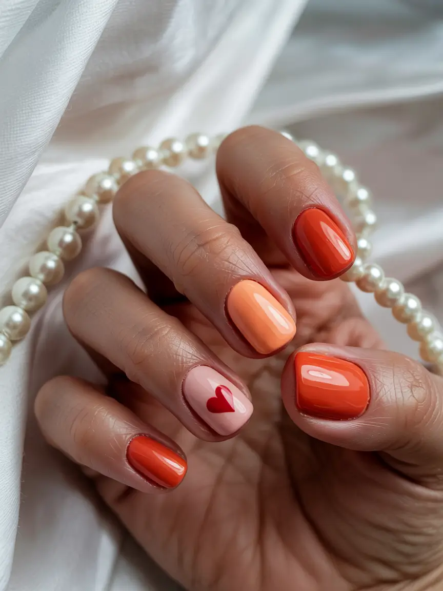 vibrant spring orange nails 2026 Playful Pink and Orange Heart Mix