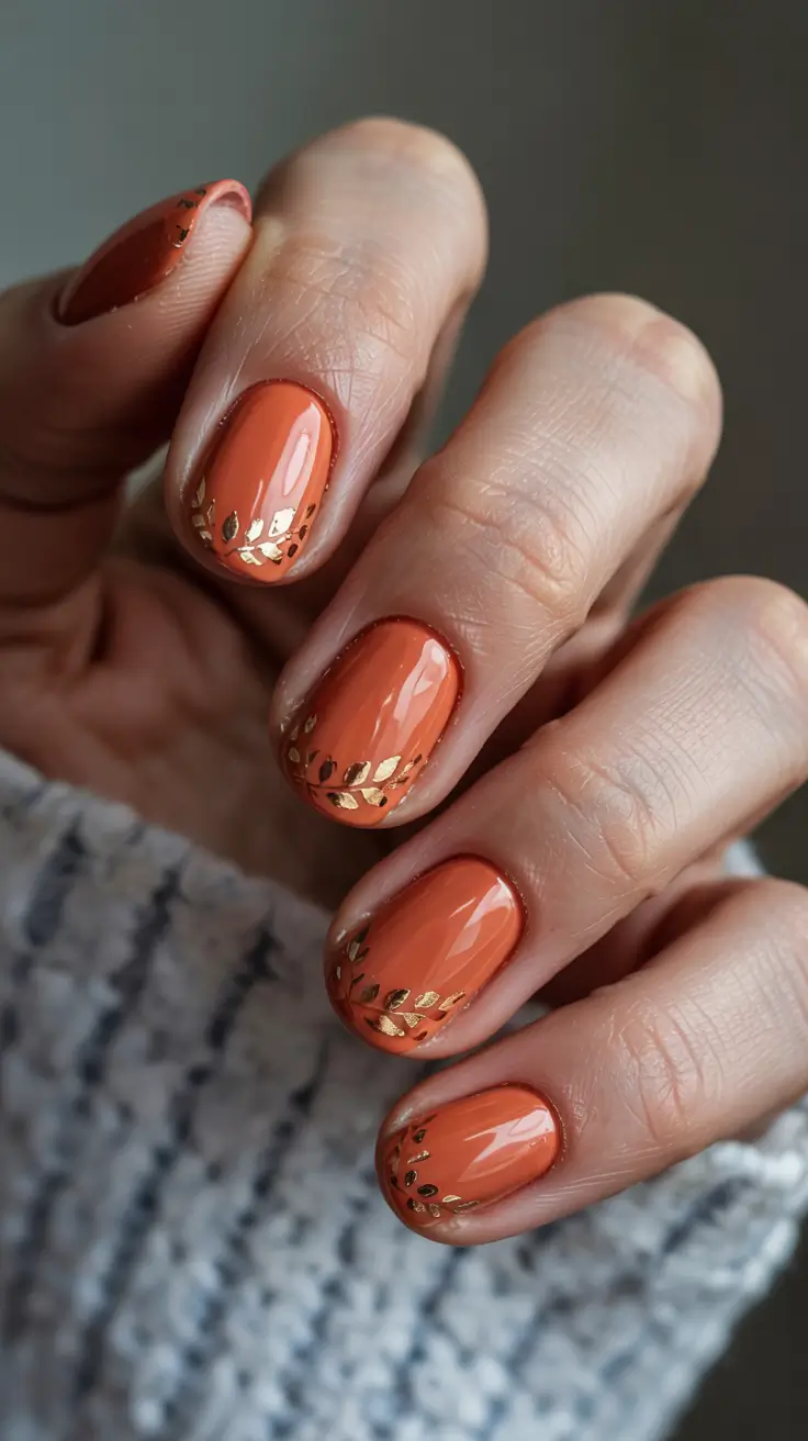 vibrant spring orange nails 2026 Short Citrus Nails with Gold Foil Detail