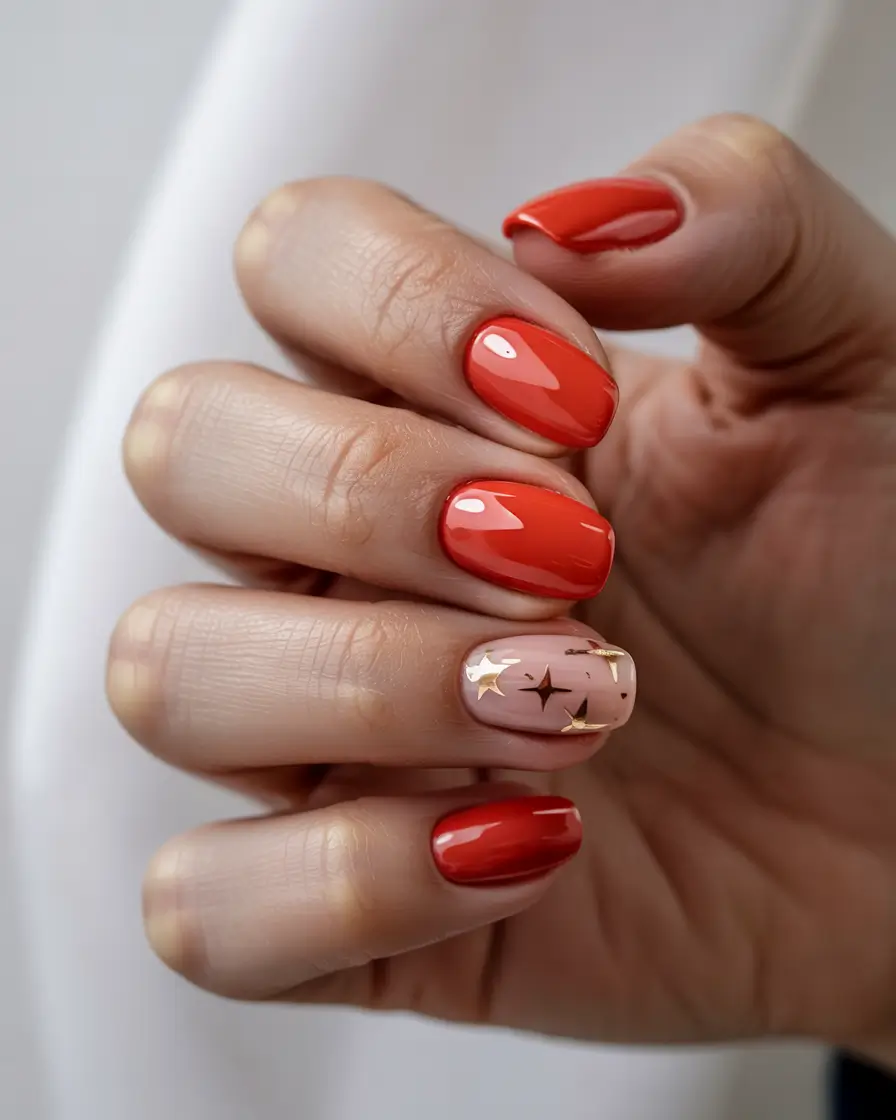 vibrant spring orange nails 2026 Fiery Orange Red with Celestial Accent