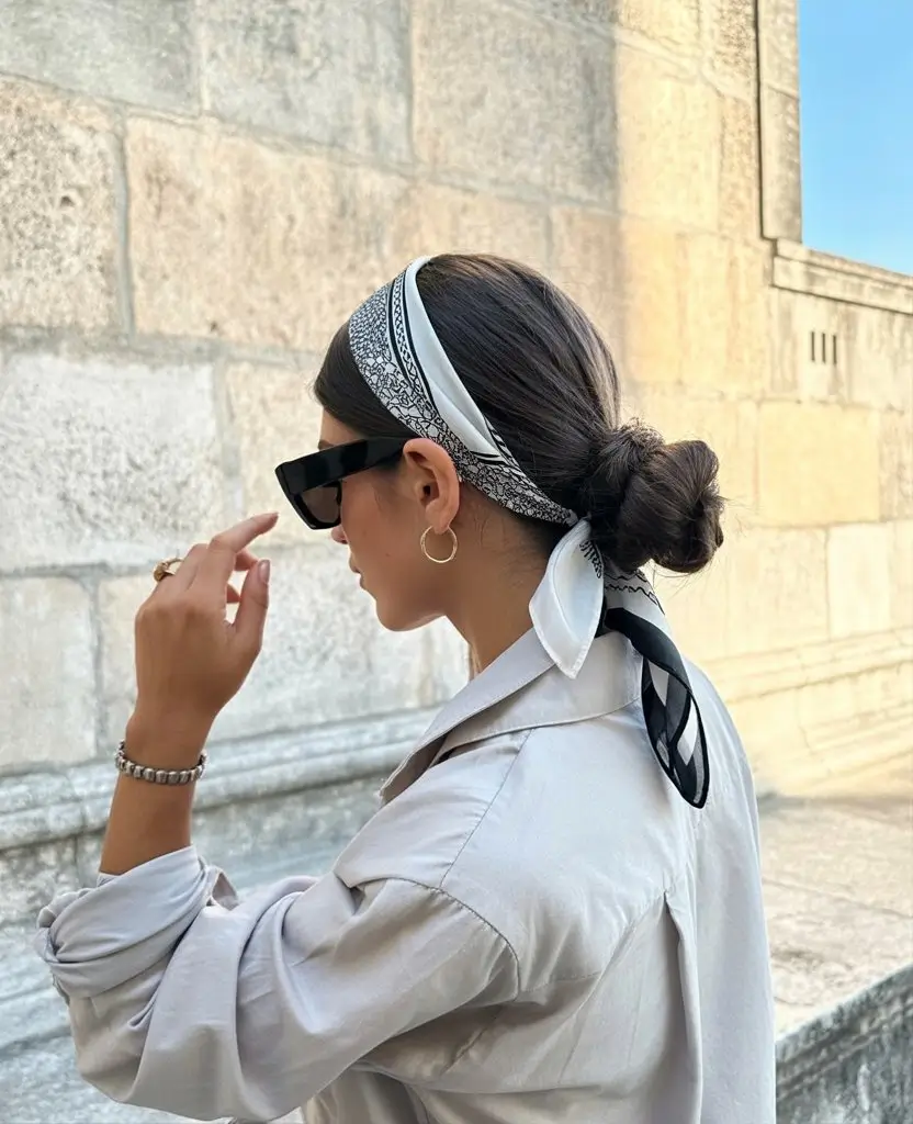 A head bandana—a summer accessory 2026 Structured elegance with a monochrome bandana and low bun