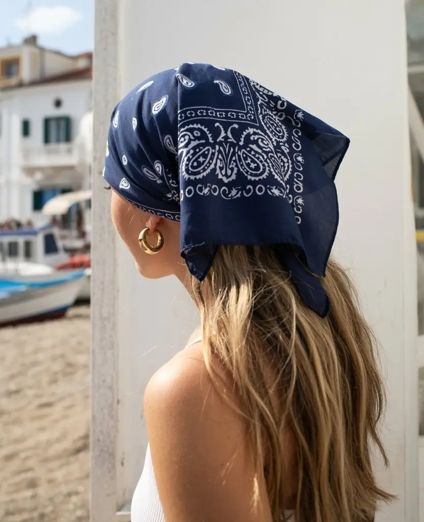A head bandana—a summer accessory 2026 Beachside ease with a classic navy bandana