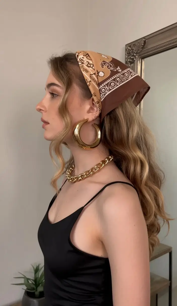 A head bandana—a summer accessory 2026 Warm neutral tones with a statement bandana and bold jewelry