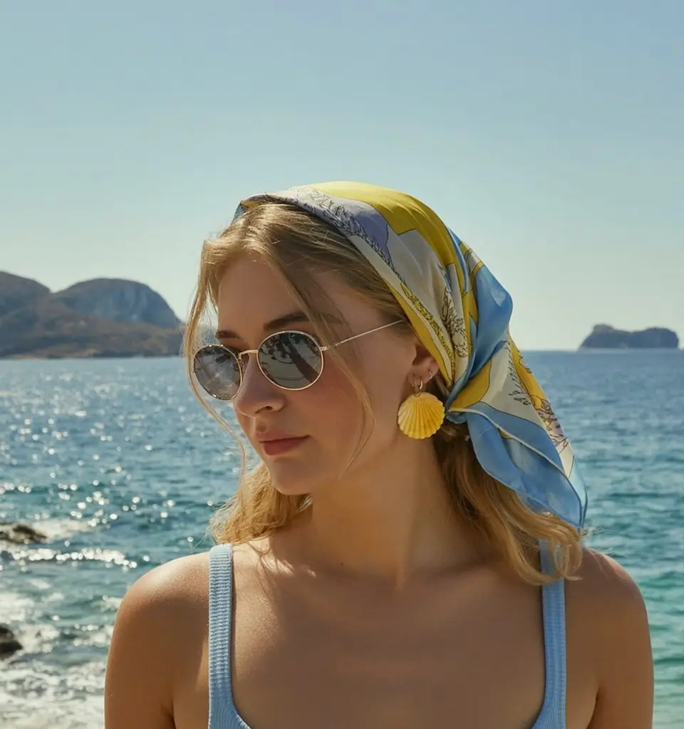 A head bandana—a summer accessory 2026 Soft seaside palette with a silk pastel bandana