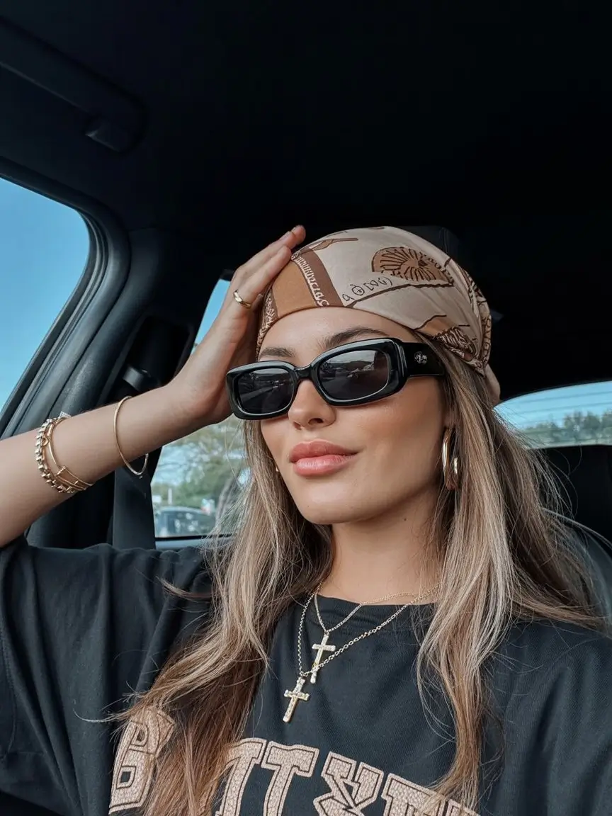 A head bandana—a summer accessory 2026 Urban casual with a neutral bandana and layered jewelry