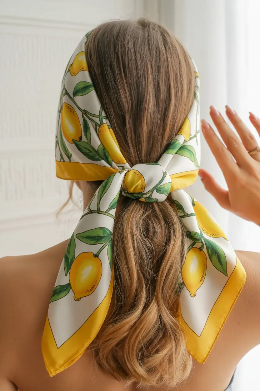 A head bandana—a summer accessory 2026 Playful ponytail styling with a vibrant lemon bandana