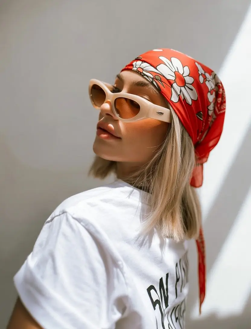 A head bandana—a summer accessory 2026 Playful retro energy with a bold red floral bandana