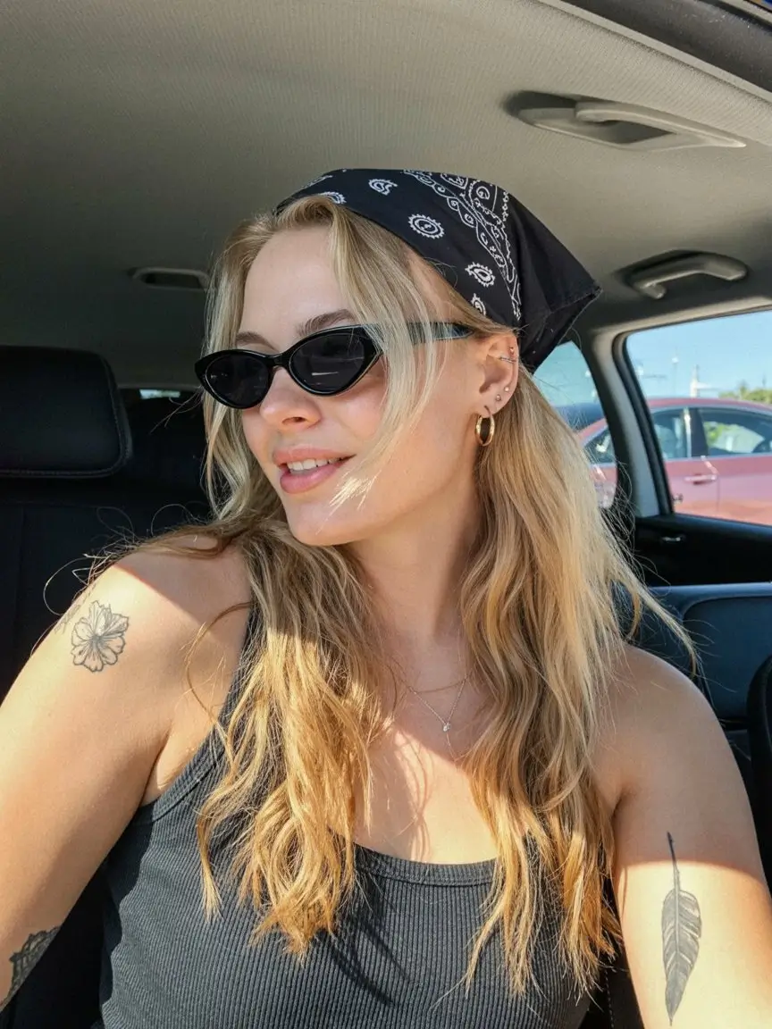 A head bandana—a summer accessory 2026 Off duty cool with a black bandana and loose waves