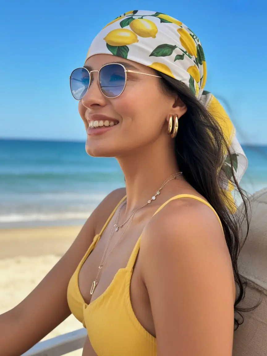 A head bandana—a summer accessory 2026 Fresh coastal mood with a playful citrus print