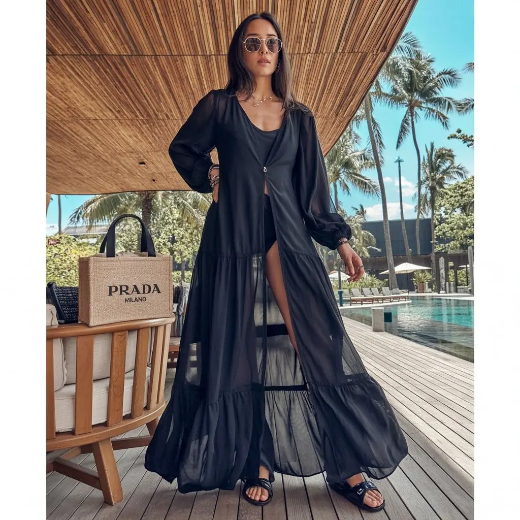 beach tunic cover up 2026 Long sheer black kaftan with elevated resort feel