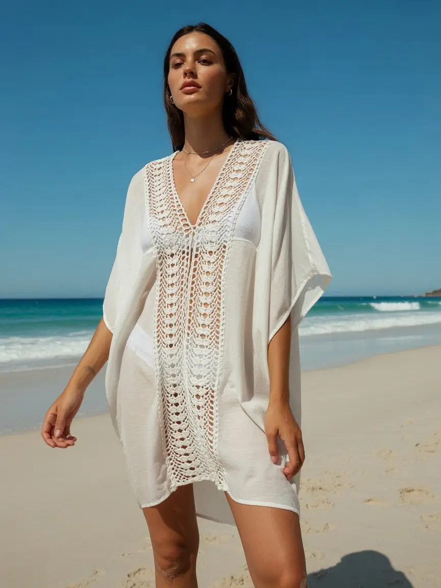 beach tunic cover up 2026 Soft white kaftan with delicate crochet detail