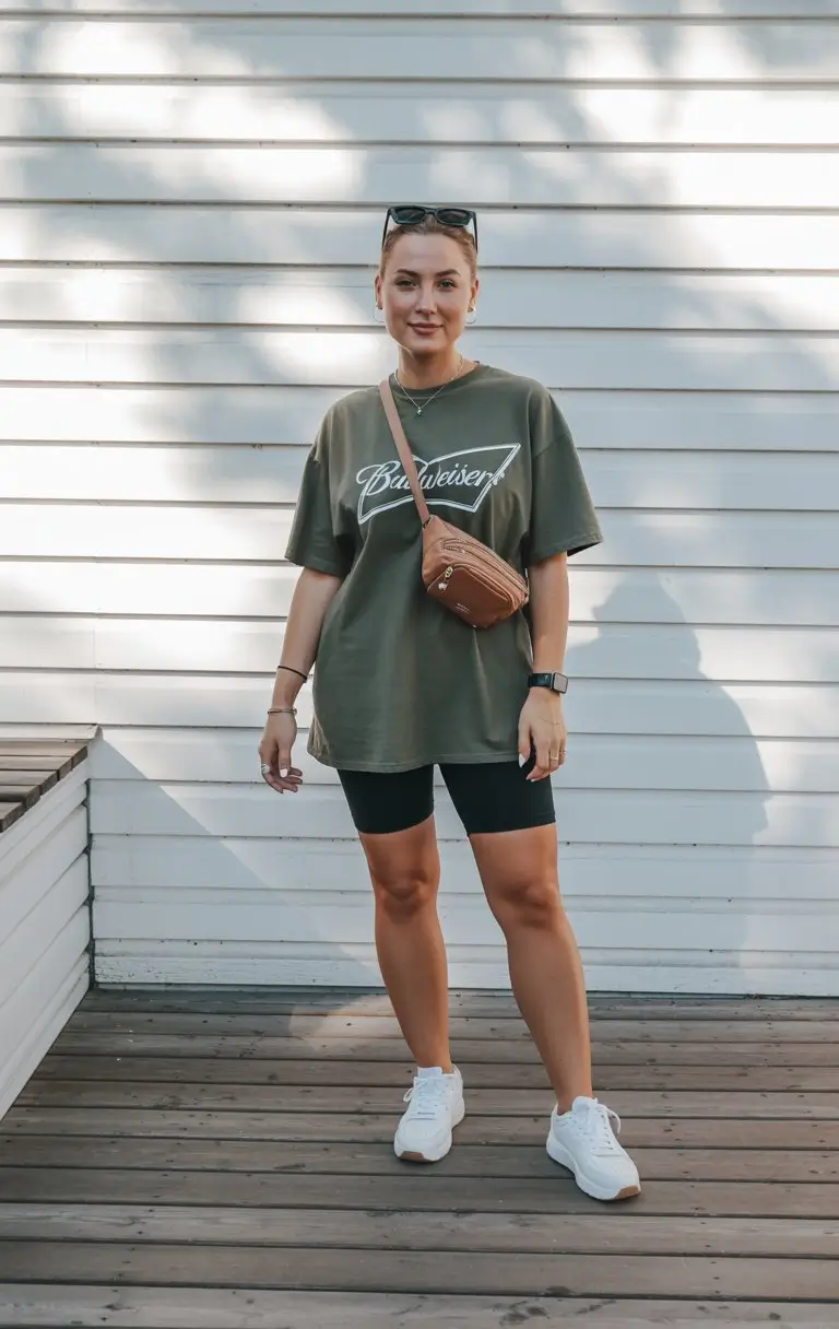 biker shorts outfits summer 2026 Effortless oversized tee and black biker shorts everyday look