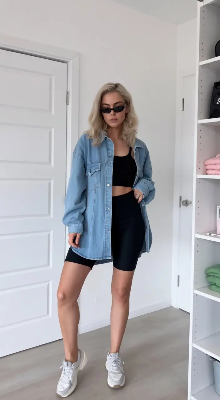biker shorts outfits summer 2026 Denim shirt layering with black biker shorts off duty look