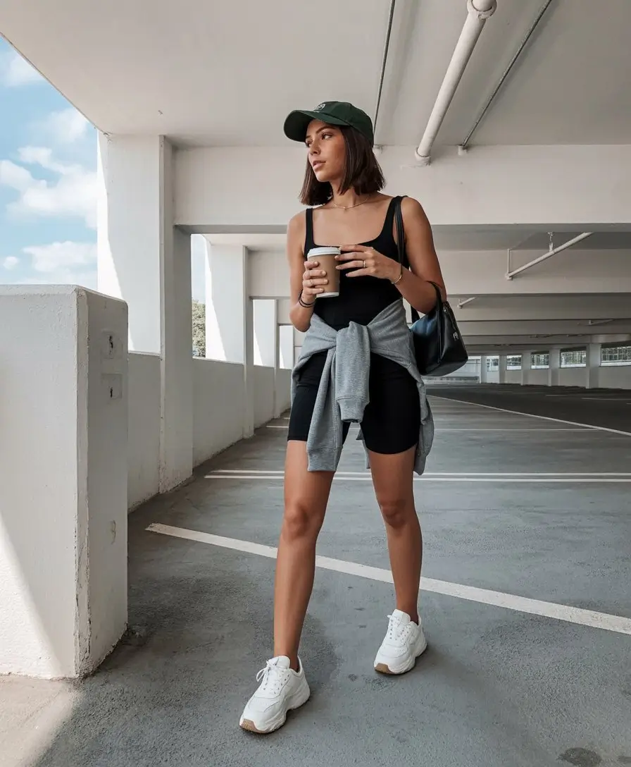 biker shorts outfits summer 2026 Sporty black set with waist tied sweatshirt casual cool