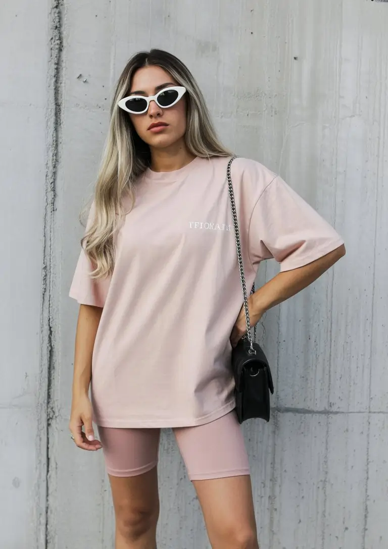 biker shorts outfits summer 2026 Soft pink oversized tee with matching biker shorts feminine comfort