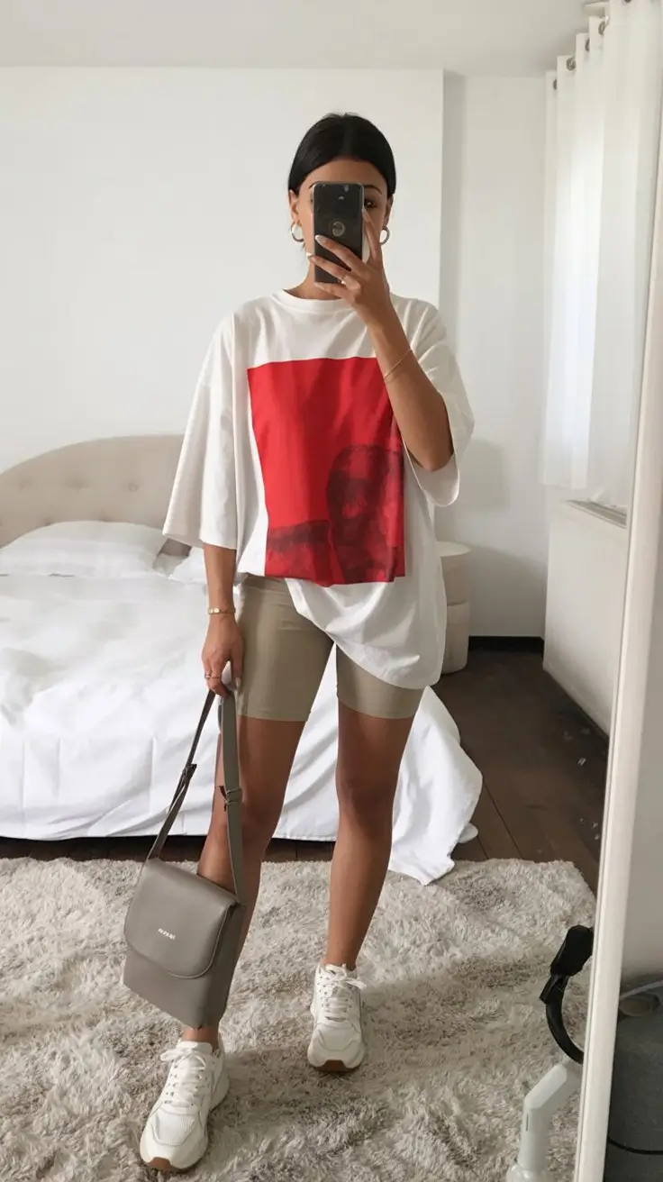 biker shorts outfits summer 2026 Neutral beige biker shorts with oversized graphic tee relaxed balance