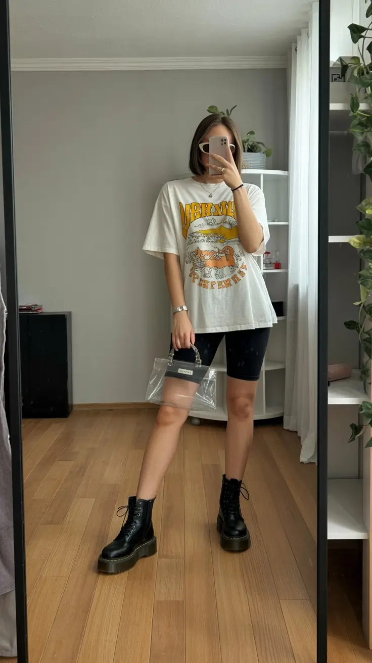 biker shorts outfits summer 2026 Graphic tee with black biker shorts and chunky boots edgy casual mix
