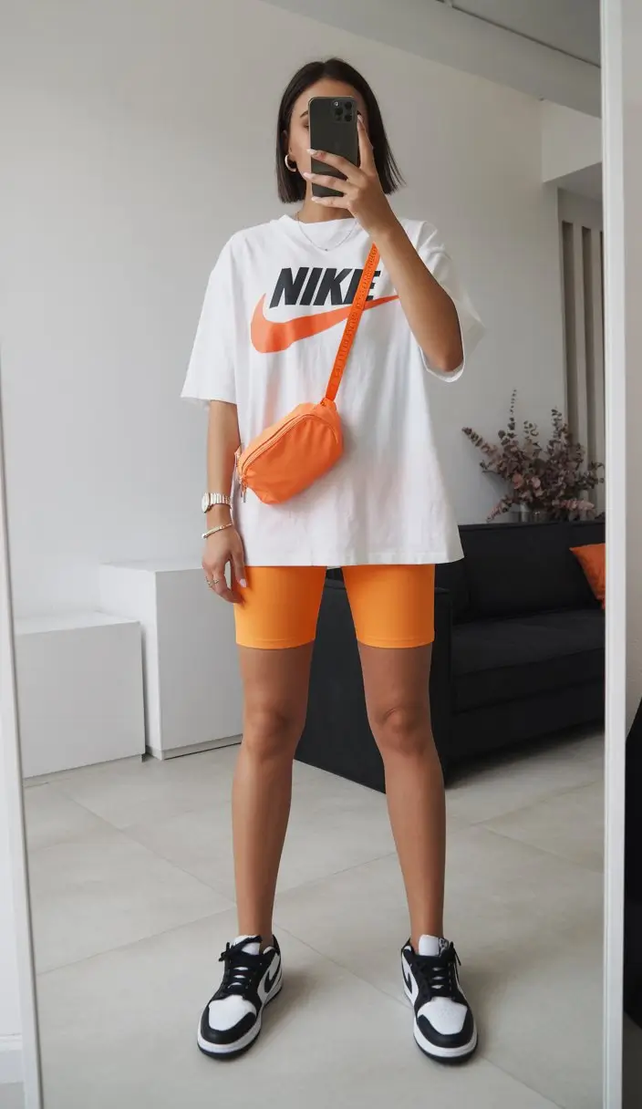biker shorts outfits summer 2026 Bright orange biker shorts with oversized tee bold summer mood
