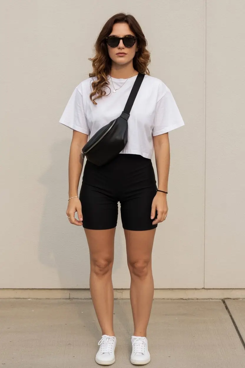 biker shorts outfits summer 2026 Minimal white tee and black biker shorts everyday staple