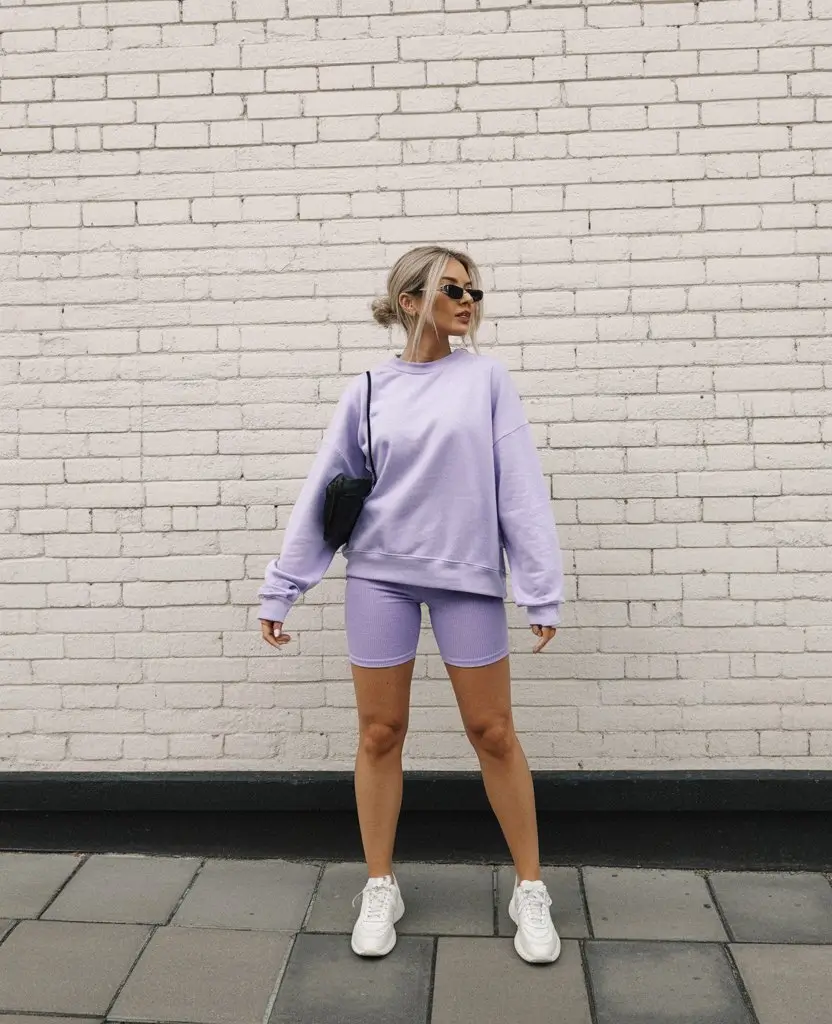 biker shorts outfits summer 2026 Soft lavender matching set casual athletic moment