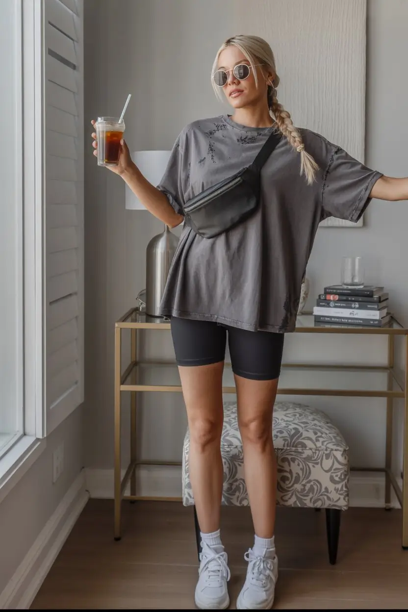 biker shorts outfits summer 2026 Relaxed gray tee and black biker shorts cozy home style