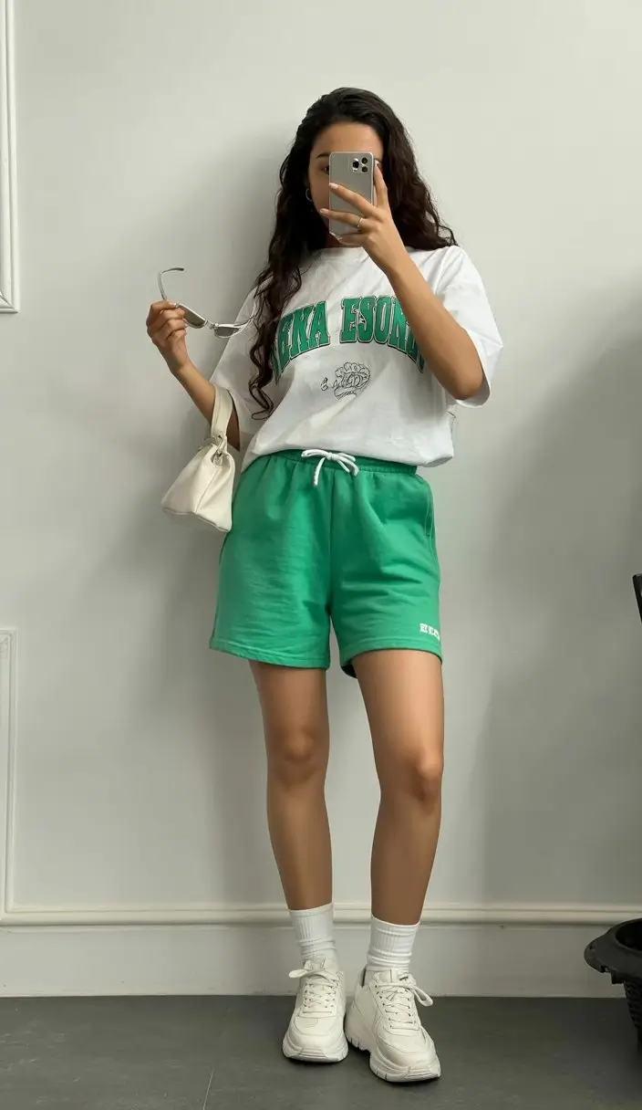 biker shorts outfits summer 2026 Sporty green shorts and oversized tee playful summer mood