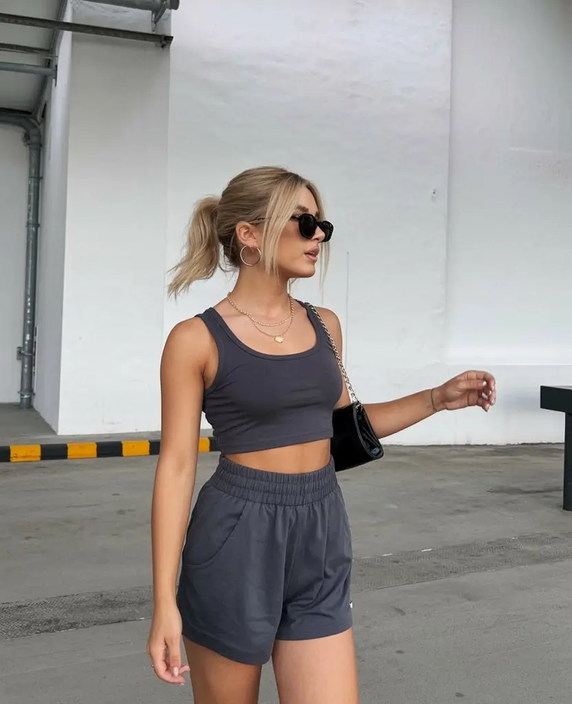 biker shorts outfits summer 2026 Sporty charcoal set with relaxed summer confidence