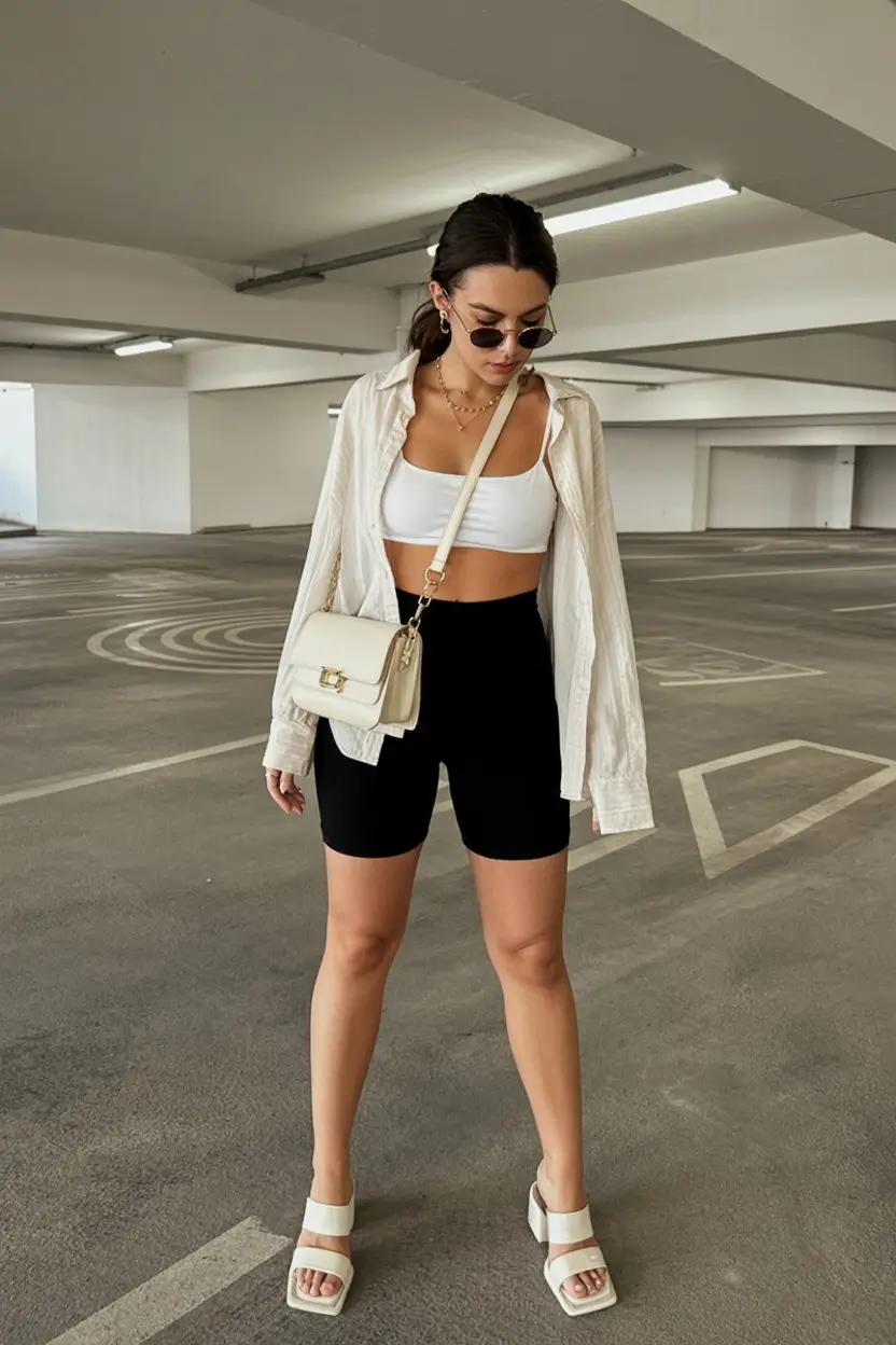 biker shorts outfits summer 2026 Layered white shirt and black biker shorts city minimalism