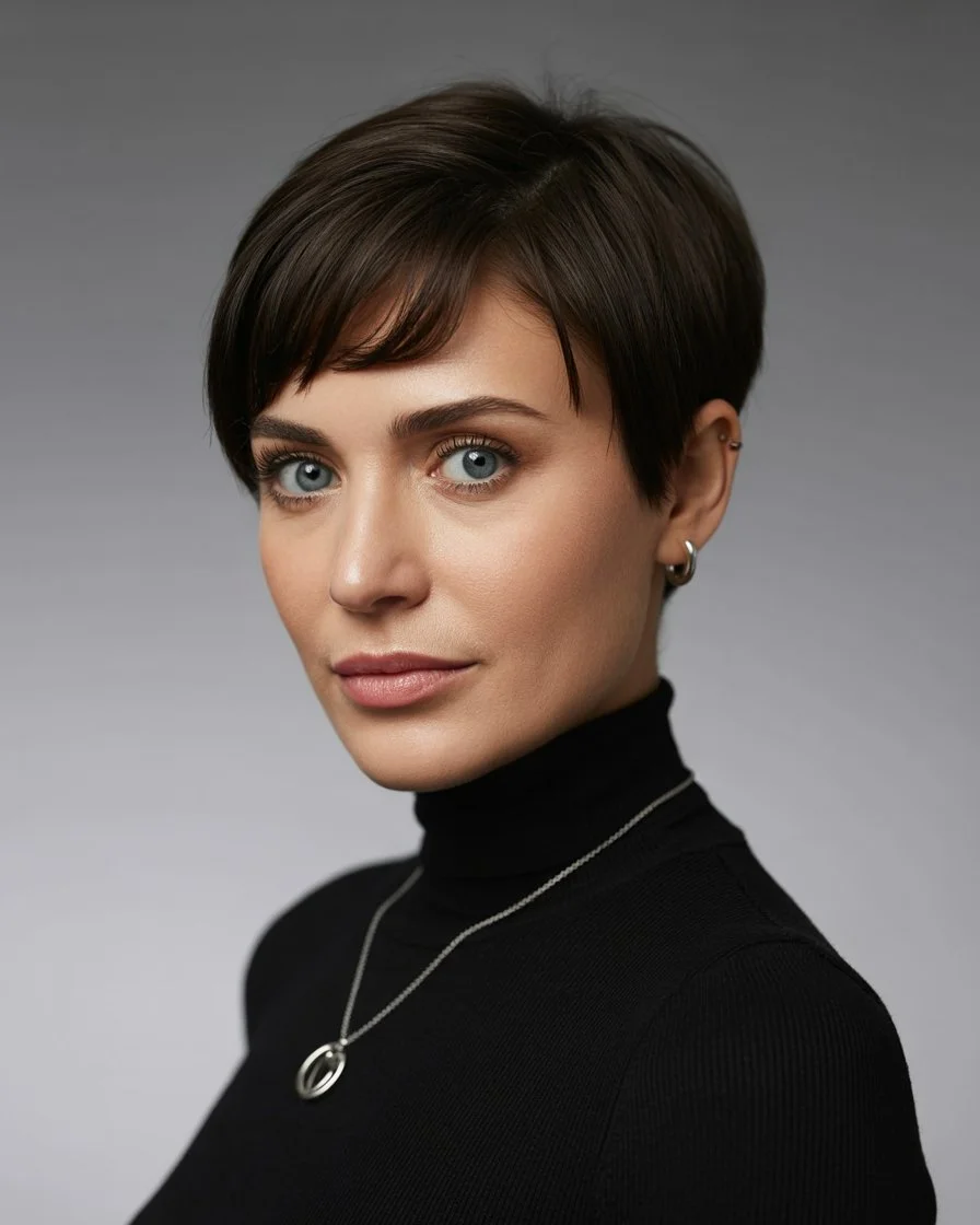 bold summer pixie haircuts 2026 Soft Brunette Pixie with Feathered Fringe