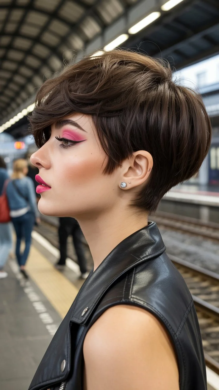 bold summer pixie haircuts 2026 Polished Brunette Pixie with Graphic Makeup Energy