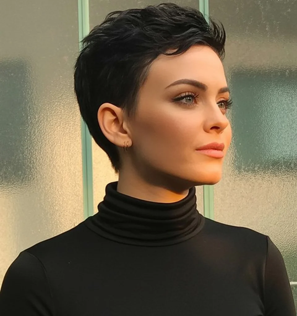 bold summer pixie haircuts 2026 Sleek Jet Black Pixie with Clean Contours