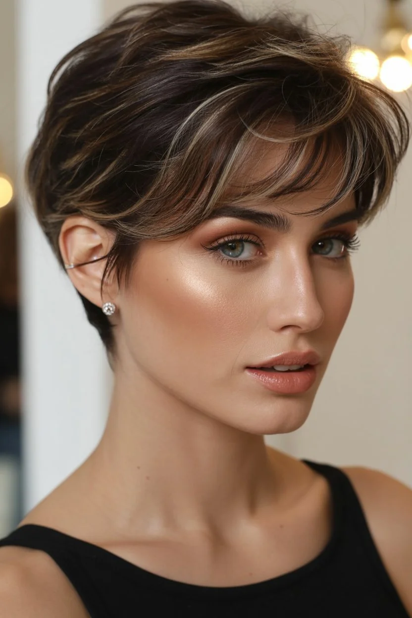 bold summer pixie haircuts 2026 Dimensional Brunette Pixie with Soft Highlights